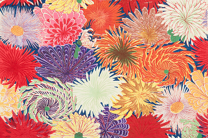 河鍋暁斎　千代紙《菊花》明治時代木版多色摺