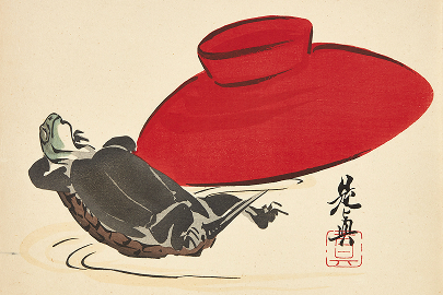 柴田是真　団扇絵《酔後の亀》木版多色摺